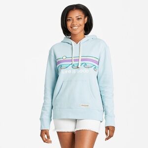 Life Is Good Women L Retro Wave Stripe Hoodie Sweatshirt Baby Blue Fleeced